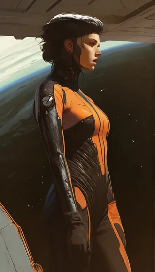 Side profile of a woman wearing a detailed orange and black space combat suit standing in front of an alien world backdrop, painted digitally with realistic shading.