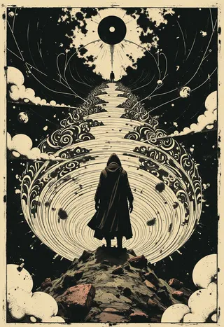 Black and white surrealist illustration showing a solitary hooded figure in a flowing black cloak standing atop a rocky peak, with concentric ornate ripple rings radiating outward into a distorted void space under dramatic side lighting.
