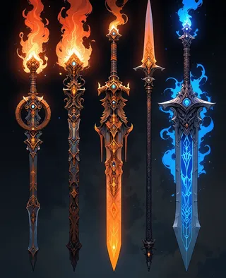 Five legendary swords with ornate engravings and celestial motifs, glowing with ethereal fire and blue elemental energy, set against a dark background.