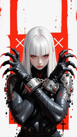 Portrait of a slender woman with white hair and red eyes wearing a black bodysuit and metal cuffs, posed with red claws and a red and white abstract background with crosses.