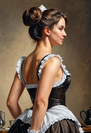 Realistic portrait of a mature woman in a French maid outfit with brown hair styled in a bun, smirking while looking over her shoulder in a cosy kitchen setting.