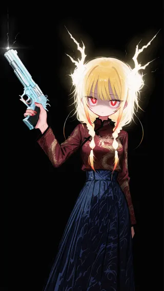Blonde girl with glowing electric hair styled in low sidelocks, wearing a red top with dragon print and a blue high-waist skirt, holding a smoking revolver against a black background.