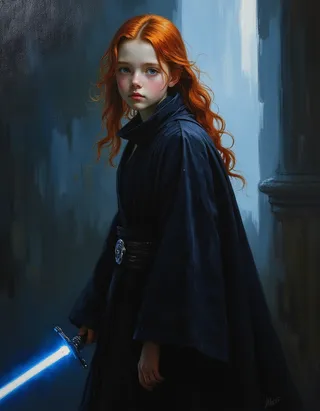 Close-up portrait of a young girl with long red hair wearing ornate black Jedi robes, holding a glowing blue lightsaber inside a foggy temple, painted with Rembrandt lighting style.