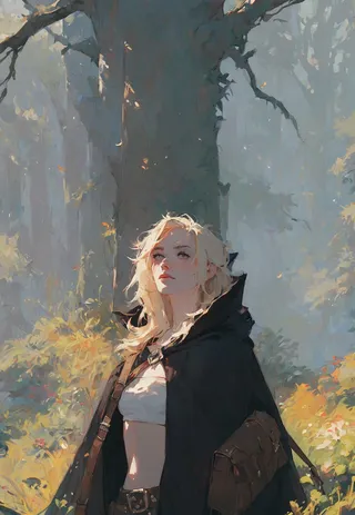 Fantasy illustration of a blonde human female with messy hair wearing a black cloak and tube top standing in a lush forest background, carrying a shoulder bag.