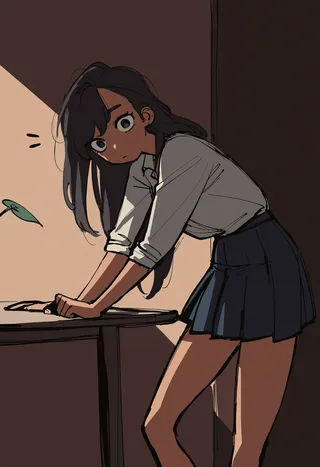 A sketch of a girl with dark skin and long black hair leaning forward over a table, wearing a white shirt and navy pleated skirt in an anime style with soft lighting.