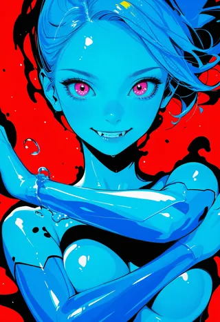 Vibrant digital illustration of a blue humanoid character with short blue hair, pink expressive eyes, sharp fangs, and a playful smile set against a bold red and black background.