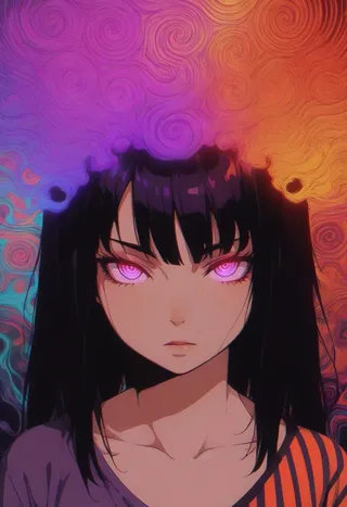 Close-up digital artwork of a girl with long dark hair and hypnotic glowing eyes, featuring a vibrant psychedelic spiral background with neon orange and purple lighting.