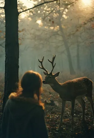 Portrait of a woman and a deer facing each other in a dark autumn forest with mystic golden hour lighting and thick fog creating a bokeh effect.