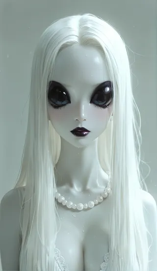 A photo-realistic humanoid figure with long white hair, large black alien-like eyes, dark lipstick, and a pearl necklace against a soft grey background.