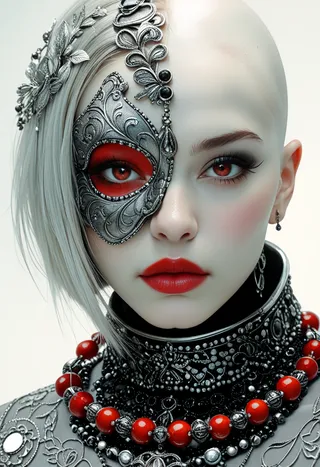 Photorealistic portrait of a futuristic female figure with a silver ornate mask covering half her face, red makeup accents, short silver hair, and elaborate red bead necklace.