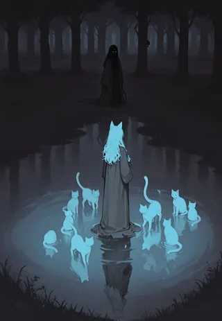 A mystical summoner in robes stands in a dark forest by a reflective lake, surrounded by glowing ethereal cats with long hair, facing a shadowy figure.