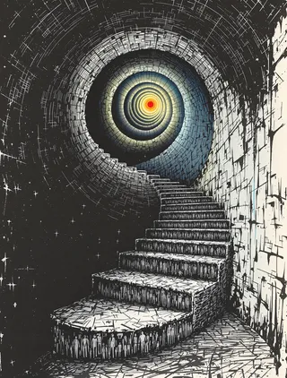 A monochrome spiral staircase drawn in ink descends endlessly through layers symbolizing forgotten memories, with abstract human figures on the steps and a glowing center.