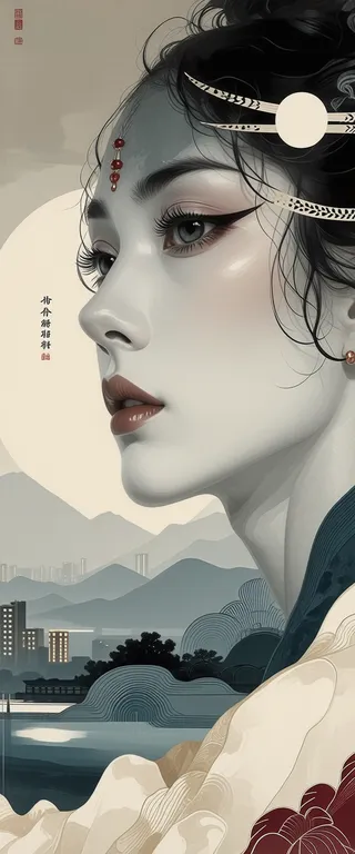 Abstract portrait of a beautiful woman with intricate hair accessories, set against a night cityscape with mountains and a large moon in the background.