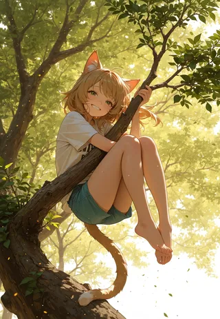 A cat girl wearing a t-shirt and shorts hugs a tree branch, smiling and looking attentively under soft sunlight with a cinematic forest background.