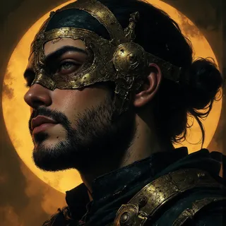 Profile portrait of a medieval warrior wearing a detailed golden mask and armor, set against a dark background with a glowing full moon.