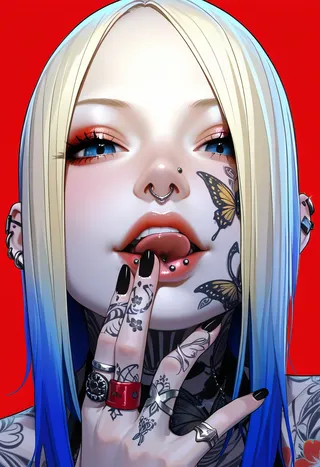 Close-up photorealistic portrait of a tattooed woman with striking butterfly tattoos, blue and blonde hair, multiple facial piercings, black nail polish, and rings against a vibrant red background.