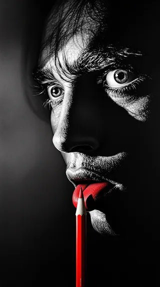 Black and white portrait of a man with intense eyes and dramatic lighting, holding a vibrant red pencil touching red lips symbolizing artistic expression.