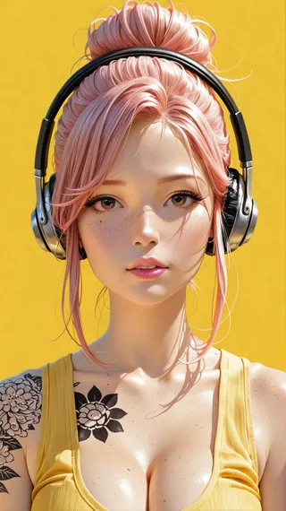 Photo-realistic portrait of a young woman with pink hair styled in a messy bun wearing black headphones, yellow sleeveless top, freckles, and floral tattoos on her shoulders, set against a vibrant yellow background.