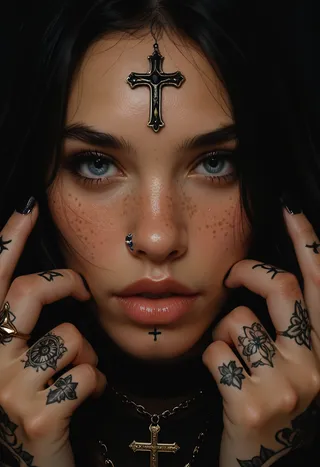 Close-up portrait of a woman with blue eyes, black hair, freckles, multiple tattoos on her face and hands, wearing gold cross jewelry and nose piercing.