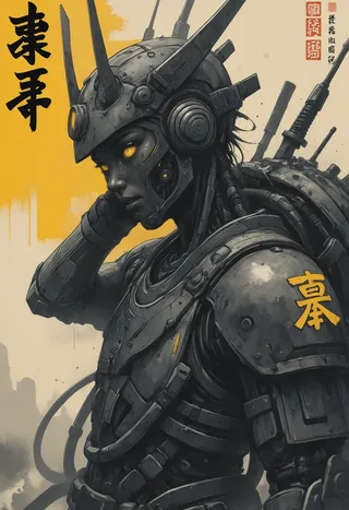 Close-up digital illustration of a biomechanical samurai in futuristic cybertech armor with yellow glowing eyes and yellow Asian letters in the background.
