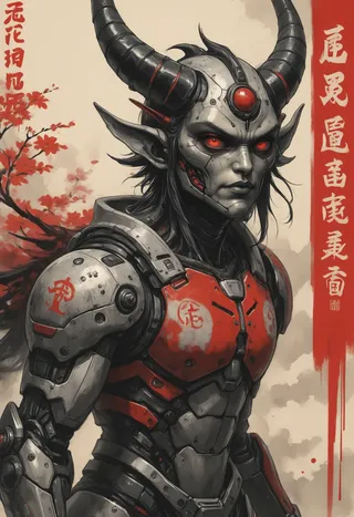 Digital watercolor illustration of a samurai demon with biomechanical cybertech armor, glowing red eyes, prominent horns, and red Asian characters in the background.