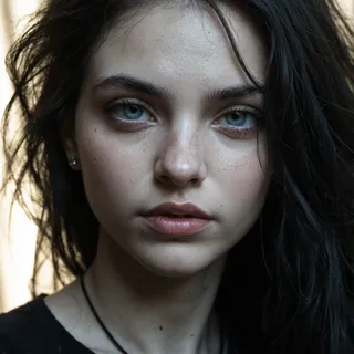 Closeup portrait of a pale gothic girl with dramatic lighting highlighting her blue eyes and dark hair.