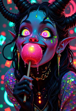 A mischievous trickster demon girl with iridescent scales and spiraling horns bites a glowing candy apple, surrounded by neon lights and floating tarot cards.