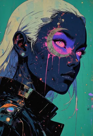 Close-up digital artwork of a woman with platinum hair and violet eyes, deep blue face, silver crescent moon around one eye, wearing a black leather jacket against a teal background.