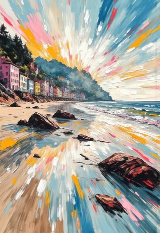 Colorful seaside town perched on tiered cliffs overlooking a rocky beach with tide pools reflecting vivid sunlight and dynamic sky brushstrokes.