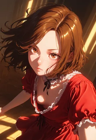 A detailed digital portrait of a young woman with brown eyes and freckles, wearing a red lace off-shoulder dress, illuminated by warm volumetric light.