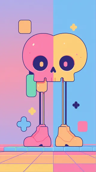 Flat vector illustration featuring a symmetrical skull pattern with split complementary colors, standing on a colorful tiled floor with geometric shapes.