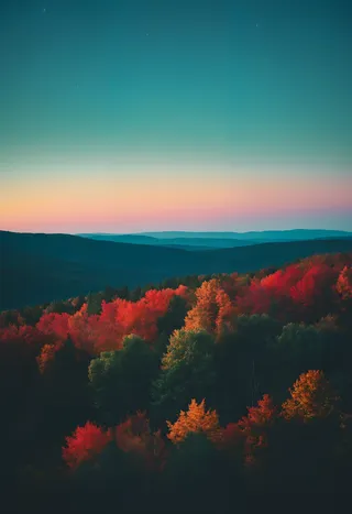 Photorealistic mountain landscape showing vibrant autumn foliage in reds and oranges under a twilight sky with subtle color gradation from indigo to pink.