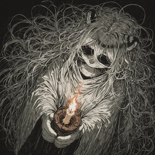 Monochrome close-up portrait of a furry character with an expressionless face, wearing a black blindfold and white cloak, holding a glowing candle with long messy hair flowing around.