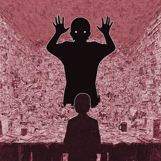 Pixel art featuring a black silhouette with floating eyes raising hands, outlined in white, in an abandoned office filled with many coffee mugs and clutter, with a pink and green color theme.