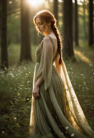 Graceful young woman with auburn braided hair in a flowing moss green gown stands in a sun-dappled forest during golden hour, surrounded by soft light and wildflowers.