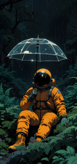 An astronaut wearing a vivid yellow spacesuit sits in a dark forest at night, holding a transparent umbrella under the rain with stars twinkling above.