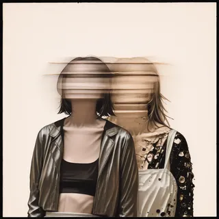 Distorted image of two girls with their faces blurred and smeared, wearing streetwear including a leather jacket and patterned top, against a simple light background.