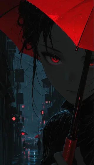 A close-up of a person holding a red umbrella on a rainy night street, with glowing red eyes and dark, moody background.