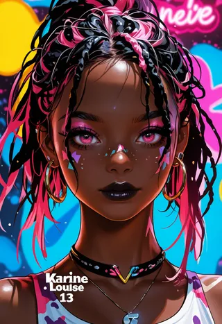 Photorealistic portrait of a dark-skinned woman with vibrant pink and black dreadlocks, purple eyes, gold hoop earrings, and a black choker, set against a colorful neon abstract background.