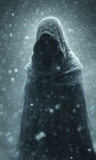 A hooded queen of snow stands in a dark, snowy environment with an eerie, foreboding atmosphere, covered in snowflakes.
