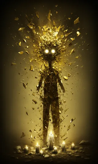 A shattered golden humanoid figure with glowing eyes stands surrounded by broken glass shards and lit candles in a dark, eerie atmosphere.
