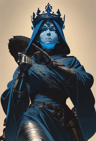 A faceless woman wearing a blue Tibetan robe with detailed embroidery and armor elements, crowned and posed with hands forming symbolic gestures, illuminated with blue highlights from a low-angle perspective.
