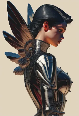 Hyper-realistic digital portrait of a woman in glossy black chrome armor with intricate futuristic wings, highlighted by sharp lighting and detailed textures.