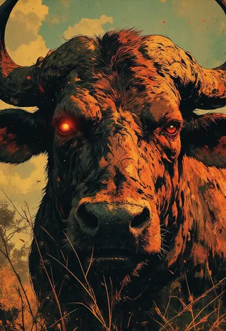 Extreme close-up of a massive bull with piercing crimson-red glowing eyes, thick weathered hide, large curved horns, standing in golden savanna light with dry grass partially obscuring its face.