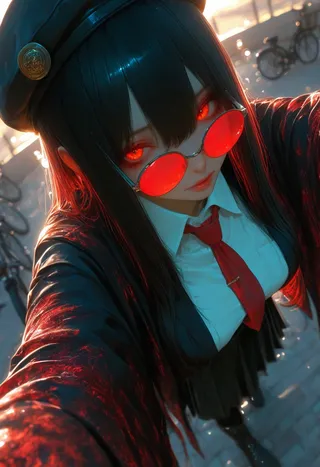 Close-up of a girl with vermilion eyes wearing red round sunglasses, black carbon fiber beret, haori, and hakama, standing in urban riverside morning light.