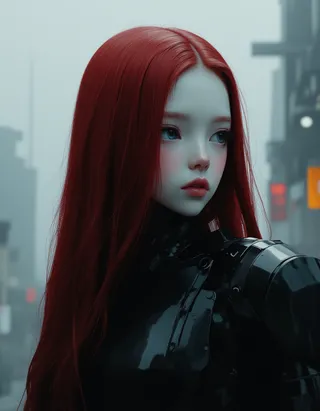 Portrait of an android girl with porcelain skin, luminous blue eyes, and long red hair, wearing dark armor in a foggy cyberpunk city.