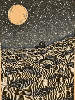 A detailed woodblock print showing a tiny floating houseboat on stylized wavy water under a large moonlit sky filled with stars, with visible woodgrain texture.