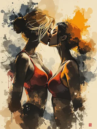 Ink poster in silhouette art style depicting a close-up of two women kissing, featuring sepia, henna, and umber tones with blonde and black hair, rendered with bold brushwork on textured rice paper.