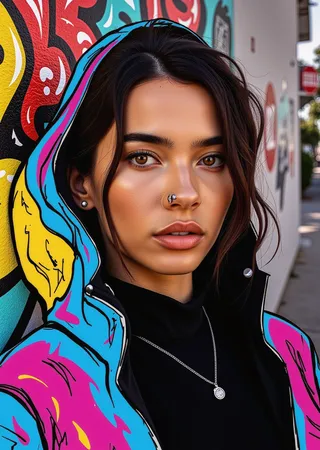 Close-up digital art portrait of a young woman with pierced nose wearing a colorful hoodie and standing against a graffiti-covered urban wall.