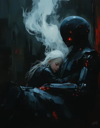 Hyper-realistic oil painting of a tiny android girl with white hair and ethereal white skin sleeping peacefully in a glowing transparent cocoon, set in a dark cyberpunk city alley, rendered with Rembrandt lighting and intricate brush strokes.